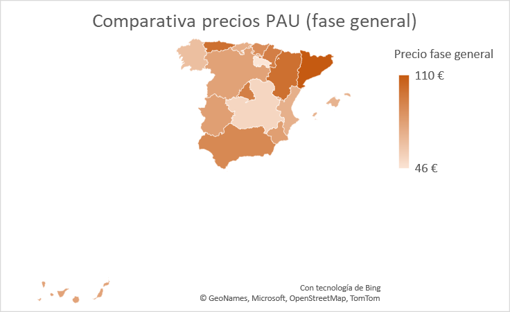 Mapa comparativo de precios de examen de la selectividad en España