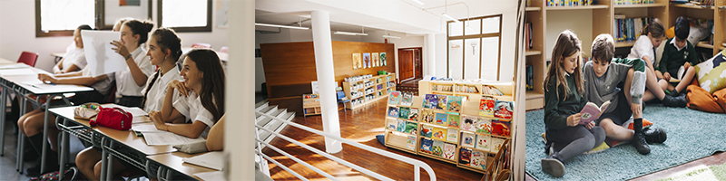 imágenes de una clase, niños en el patio, en la libreria del British college gavà