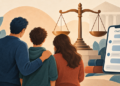 imagen creada con IA donde se ve una familia, una balanza de Justicia y un teléfono móbil.