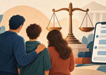 imagen creada con IA donde se ve una familia, una balanza de Justicia y un teléfono móbil.