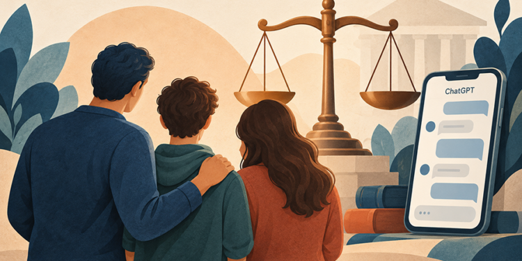 imagen creada con IA donde se ve una familia, una balanza de Justicia y un teléfono móbil.