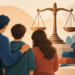 imagen creada con IA donde se ve una familia, una balanza de Justicia y un teléfono móbil.