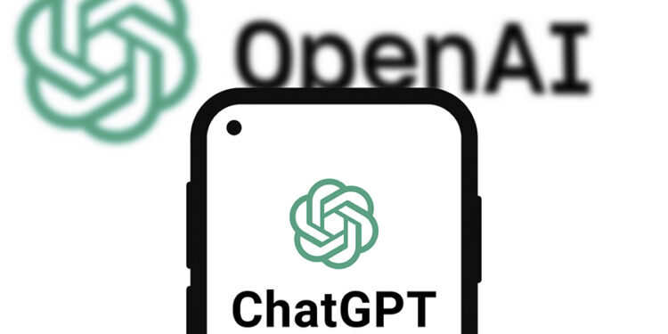 Logotipo de OpenAI detrás de un teléfono móbil con el logo de ChatGPT