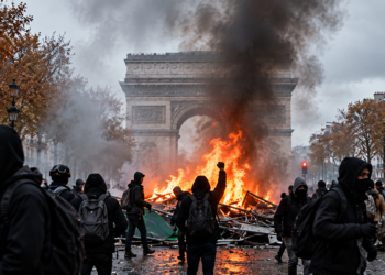 Imagen creada con IA de varias fotos de las protestas en Francia los días 17 y 18 de octubre con el Arco de Triunfo de la ciudad de Paris de fondo. IneditEducacion