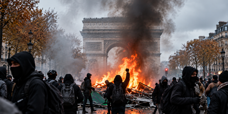 Imagen creada con IA de varias fotos de las protestas en Francia los días 17 y 18 de octubre con el Arco de Triunfo de la ciudad de Paris de fondo. IneditEducacion